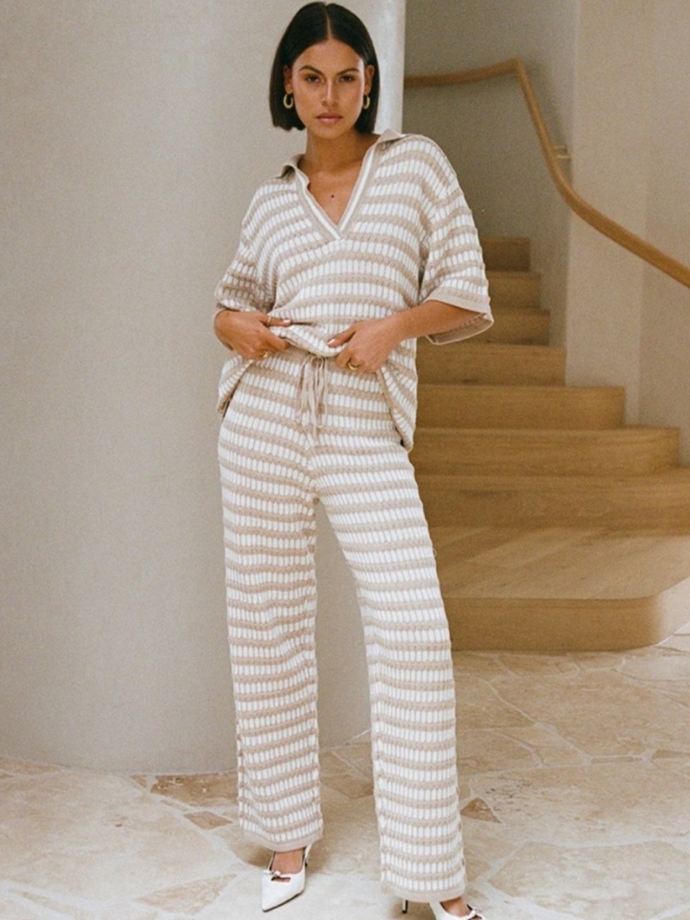 SABO Striped Knit Pants and Top Set in Cream & White - Picture 2 of 11